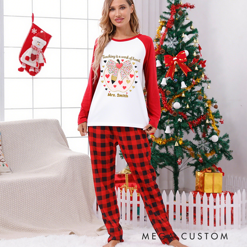 Personalized Teacher Christmas Pajama Sets Custom Teaching Is a Work of Heart Design Pajamas Xmas Gift