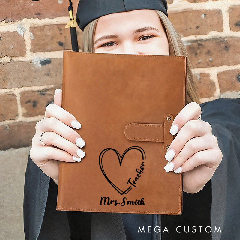 Personalized Teacher A5 Leather Notebook Cover with Pocket Teacher Heart Design Appreciation Gift for Teachers