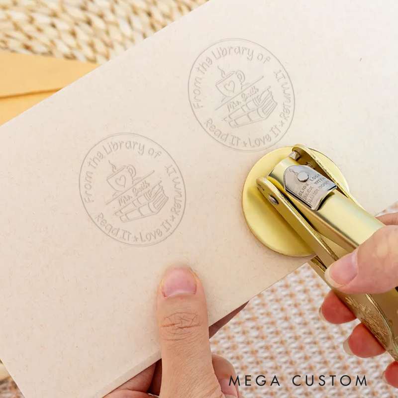 Personalized Teacher Book Embosser Stamp with Coffee Book Design Thoughtful Gift for Teachers