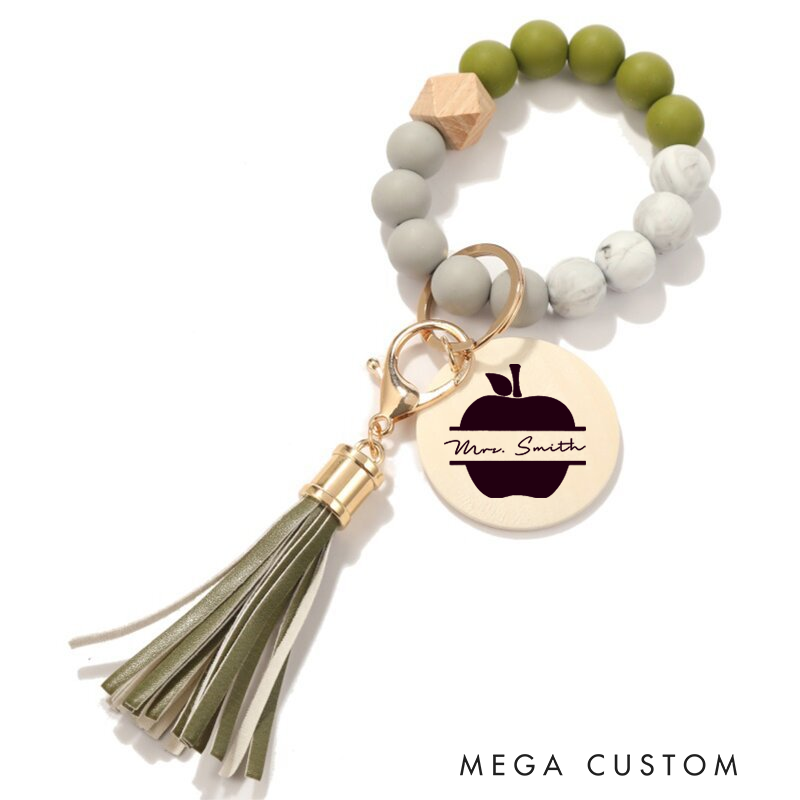 Personalized Teacher Keychain Apple Design Silicone Beads Bracelet Keychain Wooden Engraved Wristlet Keychain Teacher Appreciation Gift