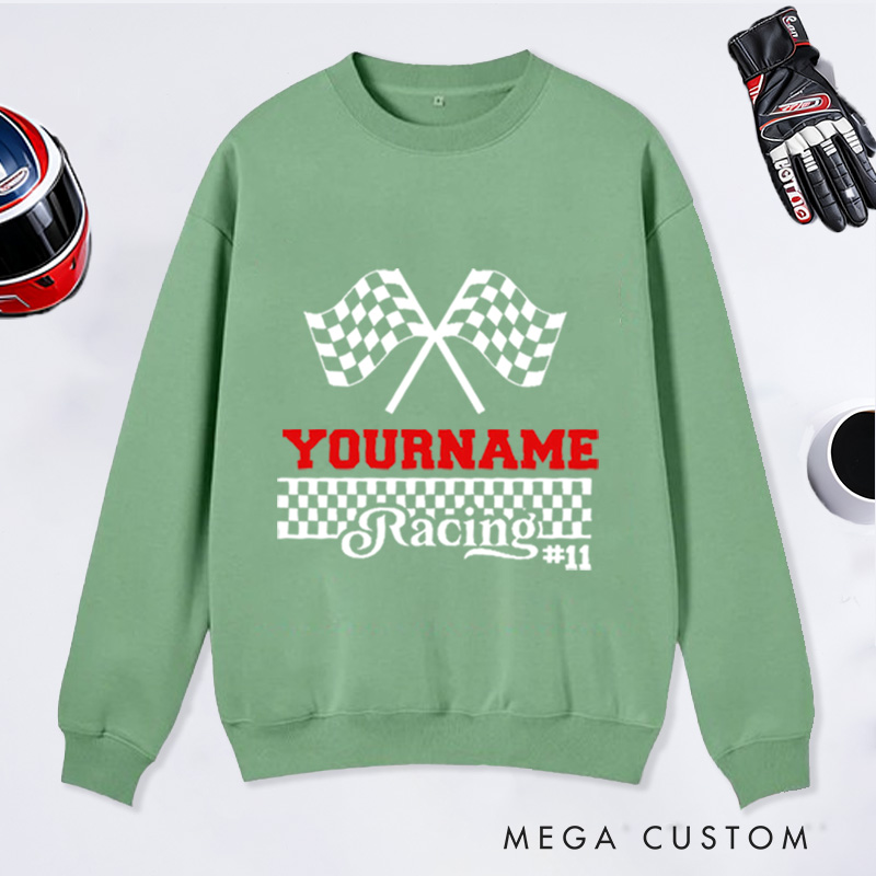 Personalized Sweatshirt with Checkered Flag Design Custom Name and Number Sweatshirt Perfect Gift for Racer and Racing Lovers