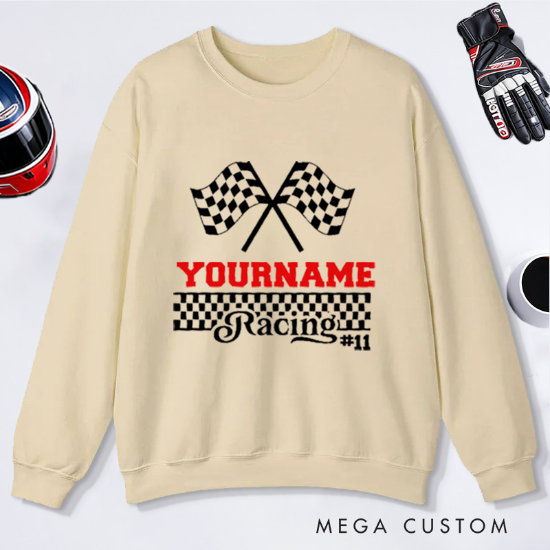 Personalized Sweatshirt with Checkered Flag Design Custom Name and Number Sweatshirt Perfect Gift for Racer and Racing Lovers