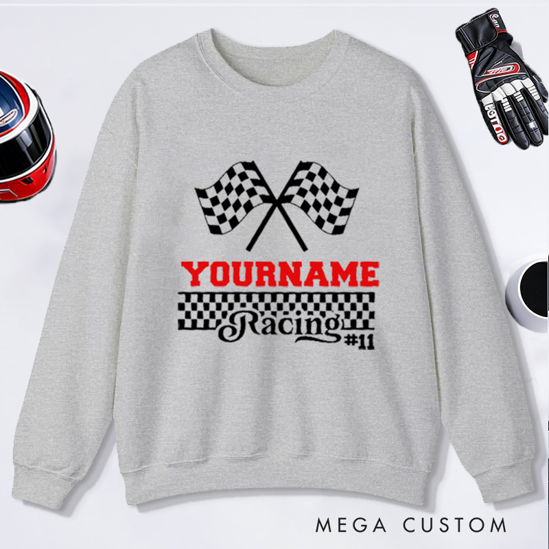 Personalized Sweatshirt with Checkered Flag Design Custom Name and Number Sweatshirt Perfect Gift for Racer and Racing Lovers