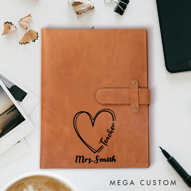 Personalized Teacher A5 Leather Notebook Cover with Pocket Teacher Heart Design Appreciation Gift for Teachers