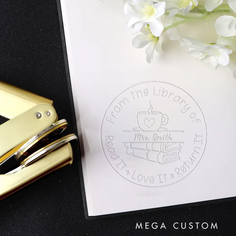 Personalized Teacher Book Embosser Stamp with Coffee Book Design Thoughtful Gift for Teachers