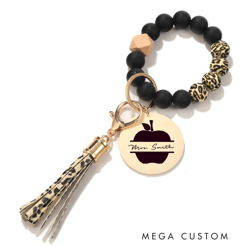 Personalized Teacher Keychain Apple Design Silicone Beads Bracelet Keychain Wooden Engraved Wristlet Keychain Teacher Appreciation Gift