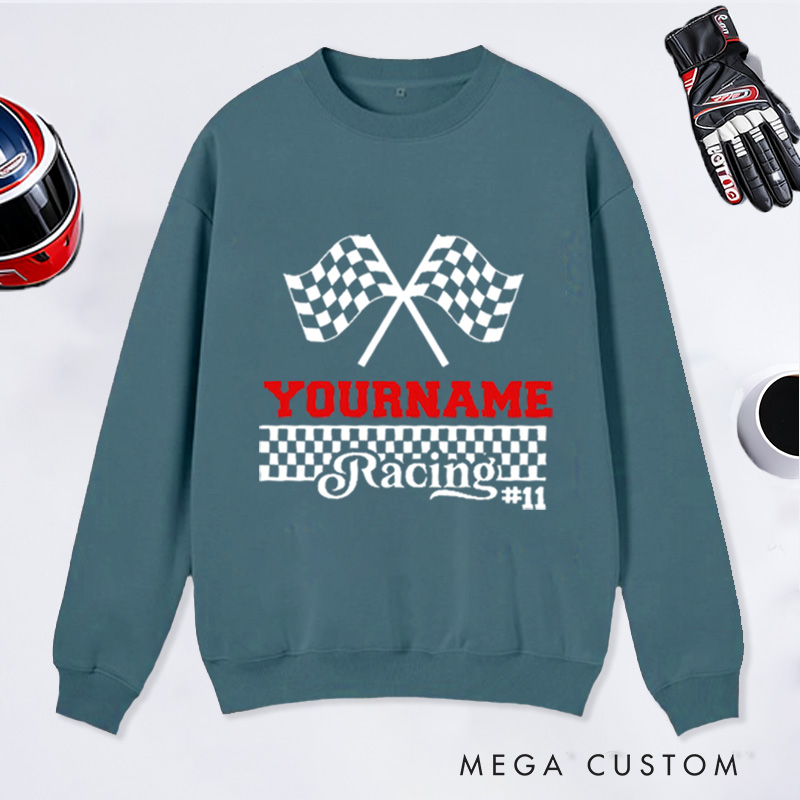 Personalized Sweatshirt with Checkered Flag Design Custom Name and Number Sweatshirt Perfect Gift for Racer and Racing Lovers