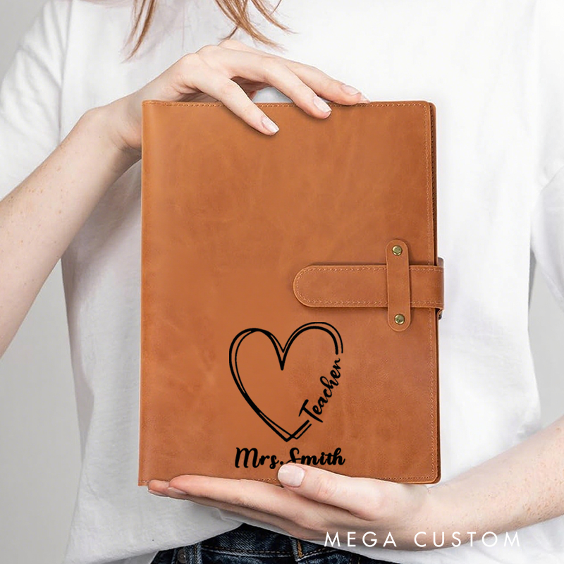 Personalized Teacher A5 Leather Notebook Cover with Pocket Teacher Heart Design Appreciation Gift for Teachers