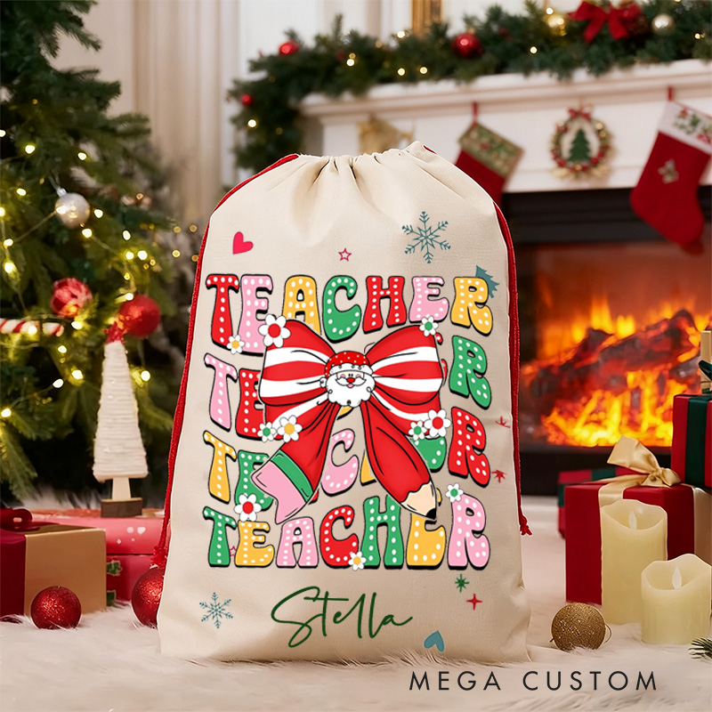 Personalized Teacher Christmas Gift Sack Colorful Teacher Design Santa Bag