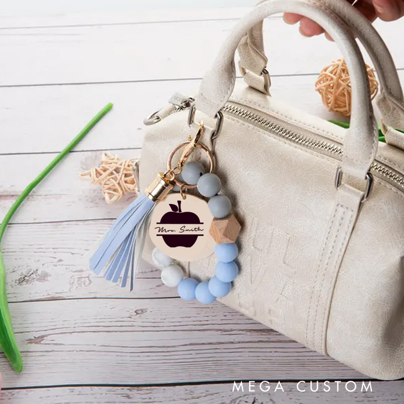 Personalized Teacher Keychain Apple Design Silicone Beads Bracelet Keychain Wooden Engraved Wristlet Keychain Teacher Appreciation Gift