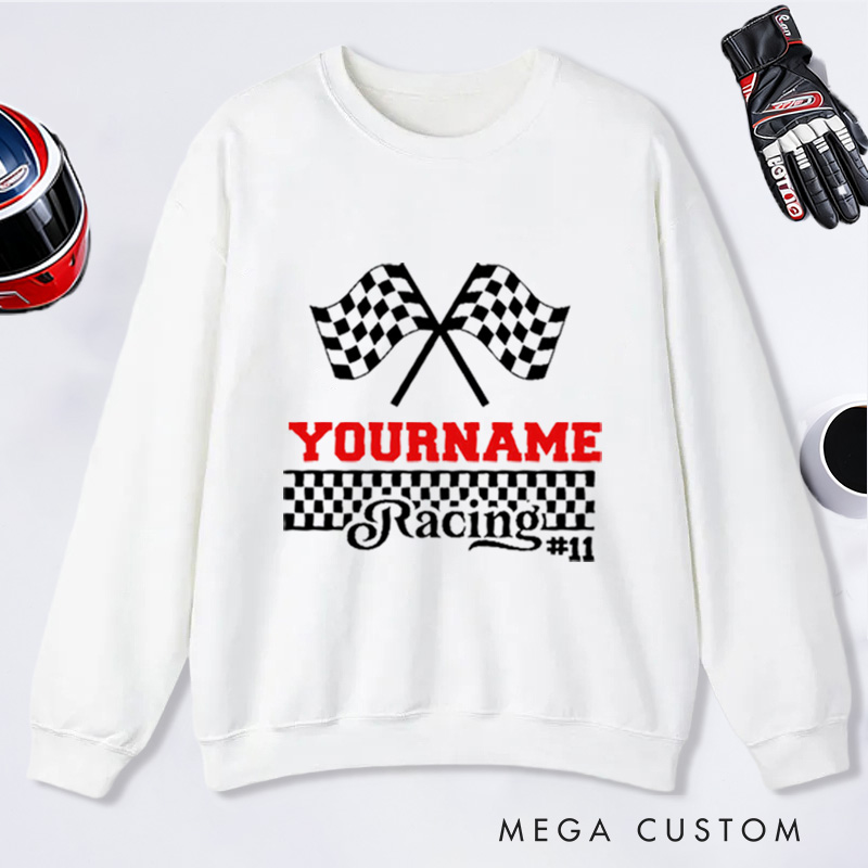 Personalized Sweatshirt with Checkered Flag Design Custom Name and Number Sweatshirt Perfect Gift for Racer and Racing Lovers