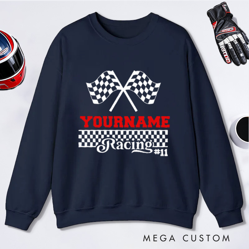 Personalized Sweatshirt with Checkered Flag Design Custom Name and Number Sweatshirt Perfect Gift for Racer and Racing Lovers