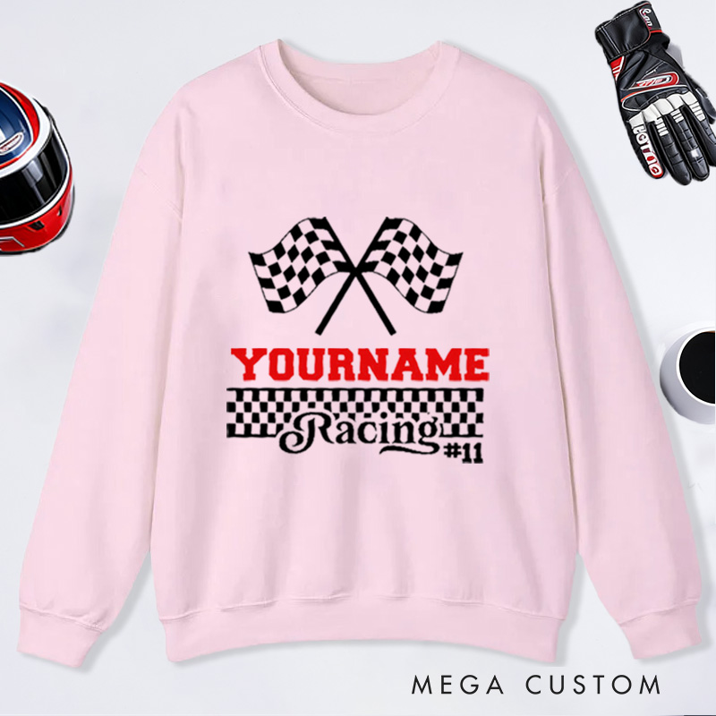 Personalized Sweatshirt with Checkered Flag Design Custom Name and Number Sweatshirt Perfect Gift for Racer and Racing Lovers