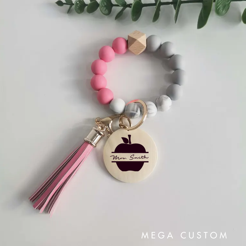 Personalized Teacher Keychain Apple Design Silicone Beads Bracelet Keychain Wooden Engraved Wristlet Keychain Teacher Appreciation Gift