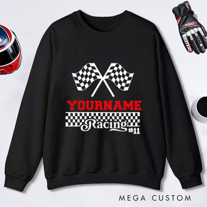 Personalized Sweatshirt with Checkered Flag Design Custom Name and Number Sweatshirt Perfect Gift for Racer and Racing Lovers