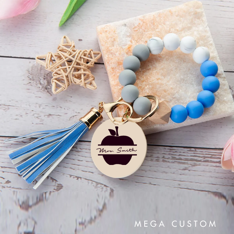 Personalized Teacher Keychain Apple Design Silicone Beads Bracelet Keychain Wooden Engraved Wristlet Keychain Teacher Appreciation Gift