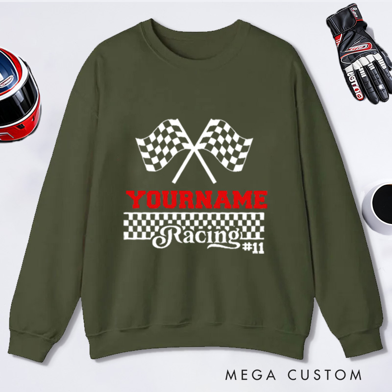 Personalized Sweatshirt with Checkered Flag Design Custom Name and Number Sweatshirt Perfect Gift for Racer and Racing Lovers