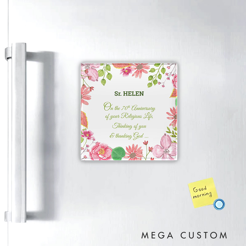 Personalized Nun Religious 70th Anniversary Watercolor Flowers Magnetic Fridge Magnet with Name and Year Number Religious Gift Anniversary Gift