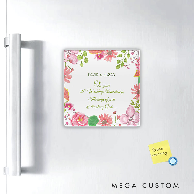 Personalized Religious 50th Wedding Anniversary Flowers Magnetic Fridge Magnet with Name and Year Number Religious Gift Anniversary Gift