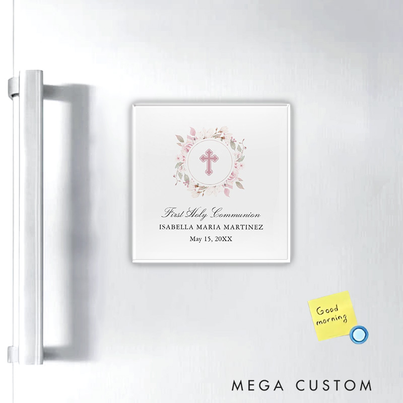 Personalized First Communion Cross Wreath Magnetic Fridge Magnet with Name and Year Number First Holy Communion Gift Religious Gift