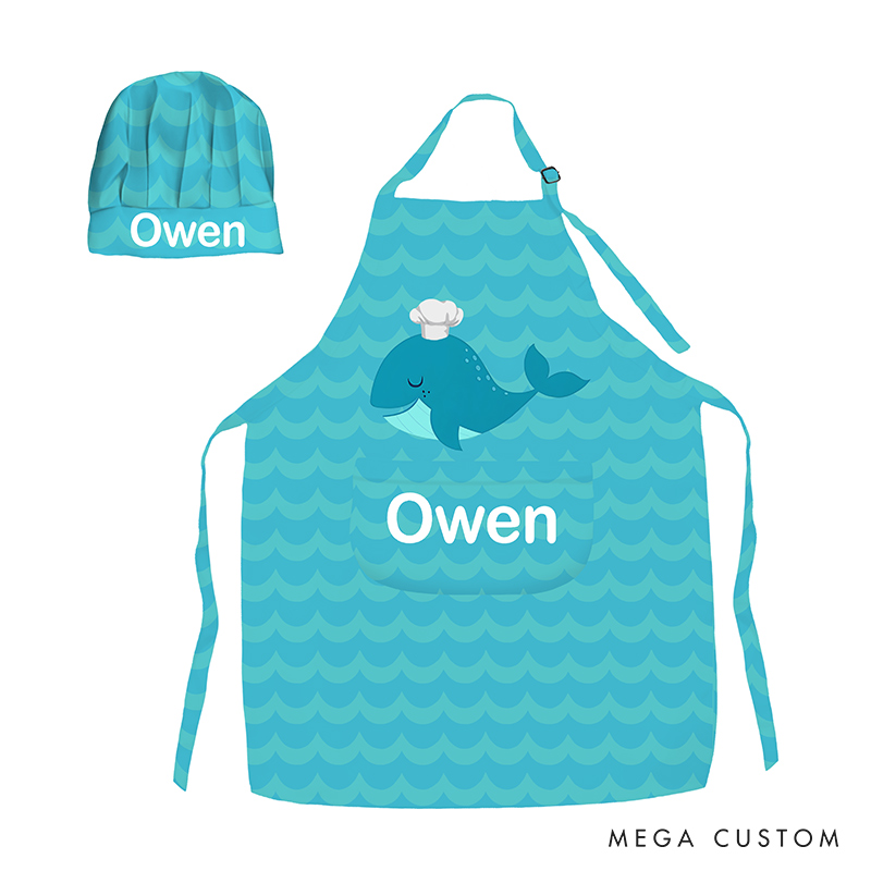 Personalized Cute Whale Adjustable Kid Apron Chef Hat Set with Name for Cooking Birthday Gift for Kids