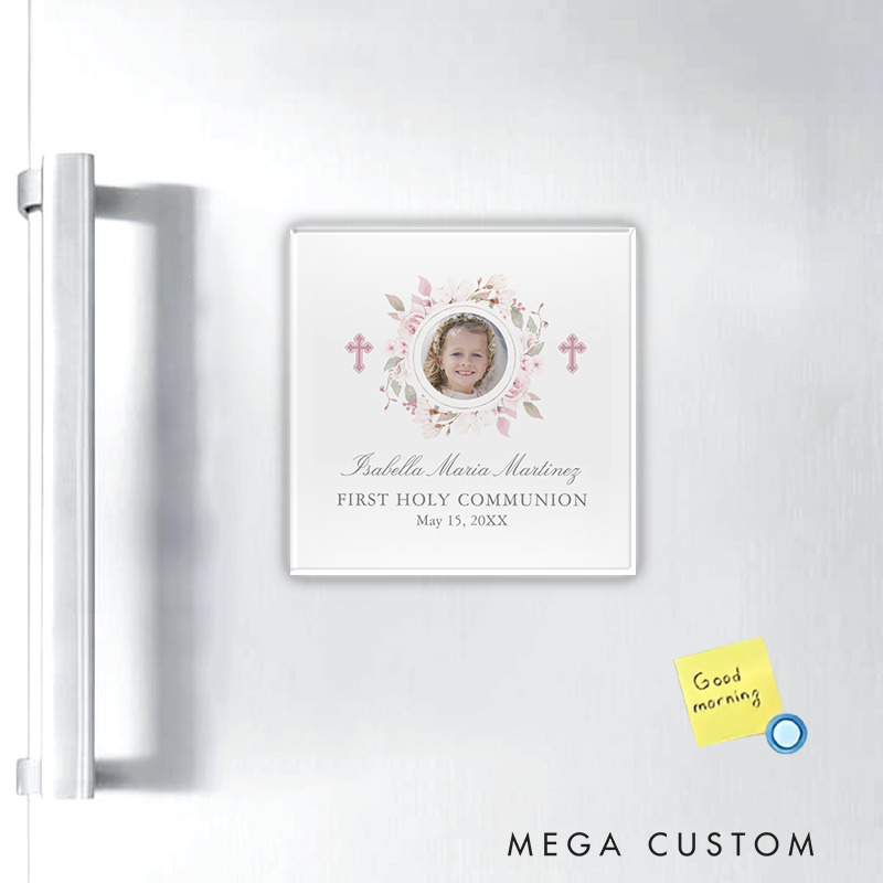 Personalized First Communion Cross Pink Flower Magnetic Fridge Magnet with Name Photo and Date First Holy Communion Gift Religious Gift
