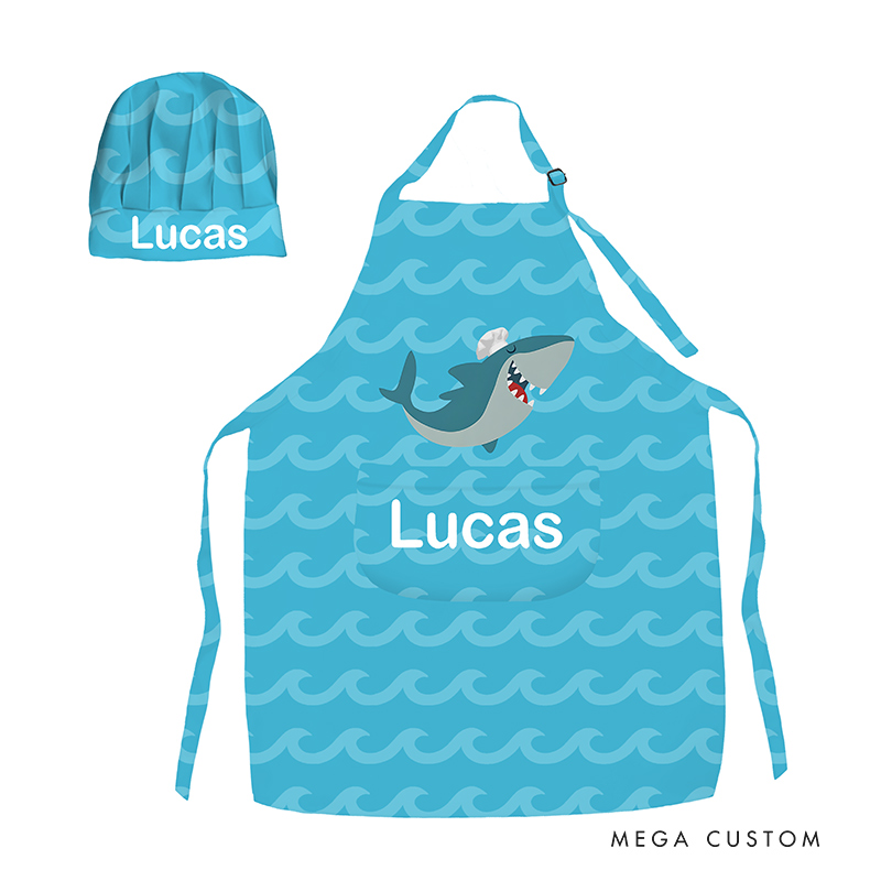 Personalized Cute Whale Adjustable Kid Apron Chef Hat Set with Name for Cooking Birthday Gift for Kids