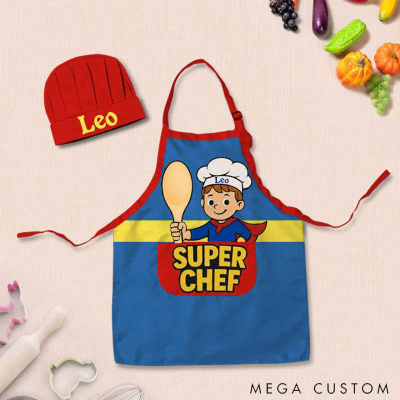 Personalized Cartoon Style Adjustable Apron Chef Hat Set with Pocket and Name for Cooking Birthday Holiday Gift for Kids