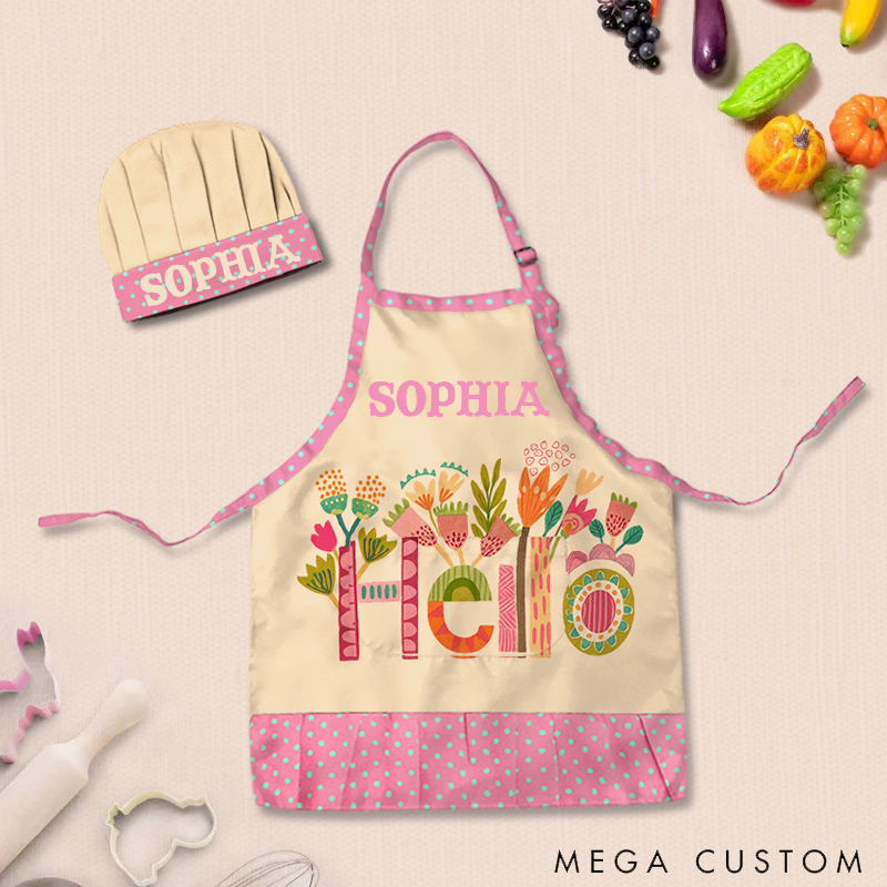 Personalized Floral Pattern Adjustable Kid Apron Chef Hat Set with Pocket and Name for Cooking Baking Birthday Holiday Gift for Kids