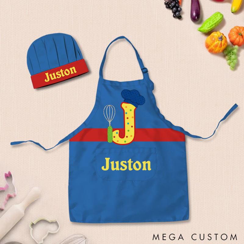 Personalized Letter Remix Color Block Adjustable Kid Apron Chef Hat Set with Pocket and Name for Cooking Baking Birthday Holiday Gift for Kids