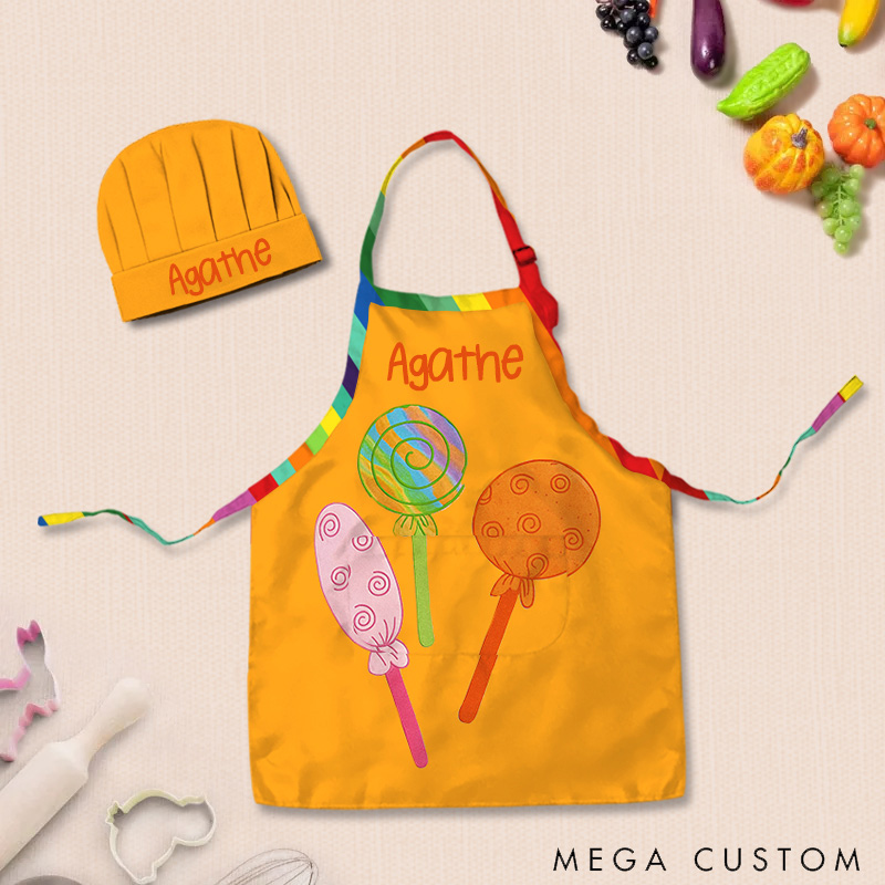 Personalized Colorful Lollipop Adjustable Kid Apron Chef Hat Set with Pocket and Name for Cooking Baking Birthday Holiday Gift for Kids