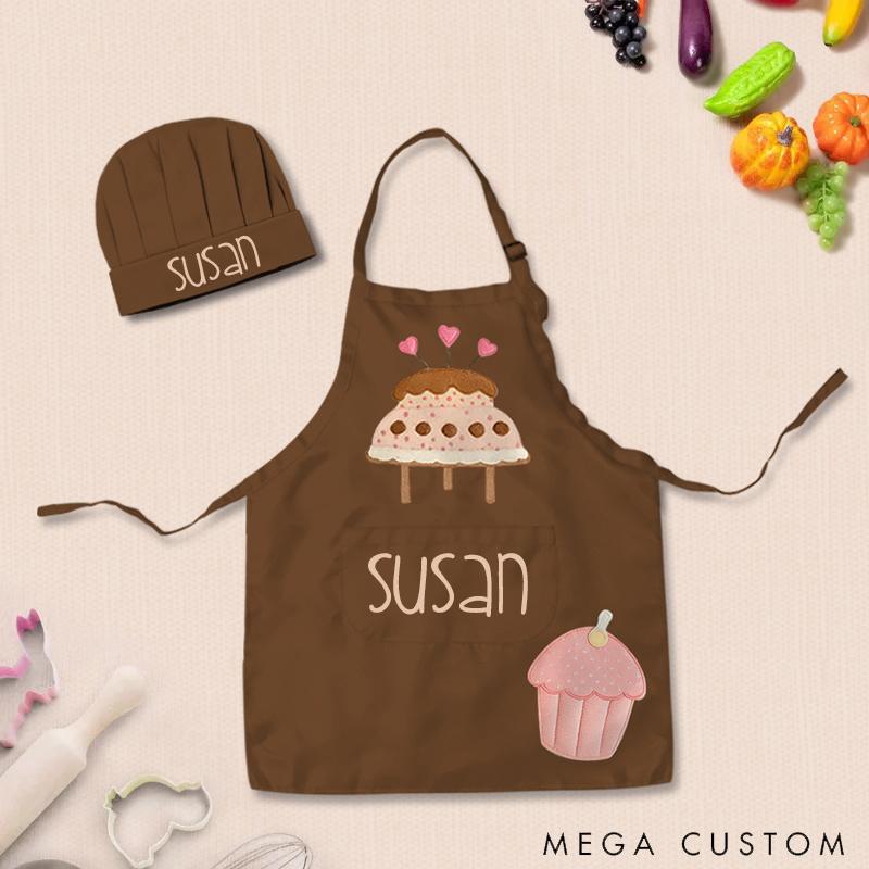 Personalized Checkered Cake Adjustable Kid Apron Chef Hat Set with Pocket and Name for Cooking Baking Birthday Holiday Gift for Kids