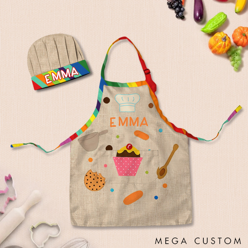 Personalized Cooking Elements Adjustable Kid Apron Chef Hat Set with Pocket and Name for Cooking Baking Birthday Holiday Gift for Kids
