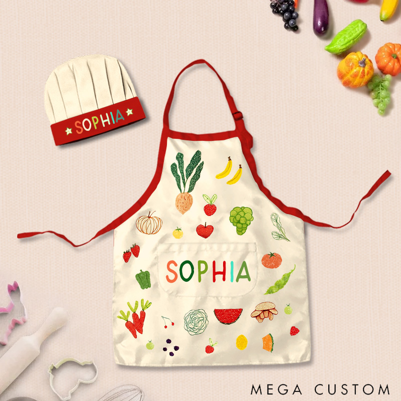 Personalized Hand Drawn Fruits Vegetables Adjustable Kid Apron Chef Hat Set with Pocket and Name for Cooking Baking Birthday Holiday Gift for Kids