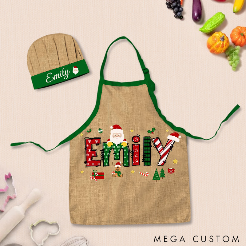 Personalized Christmas Adjustable Kid Apron Chef Hat Set with Pocket and Name for Cooking Baking Birthday Holiday Gift for Kids
