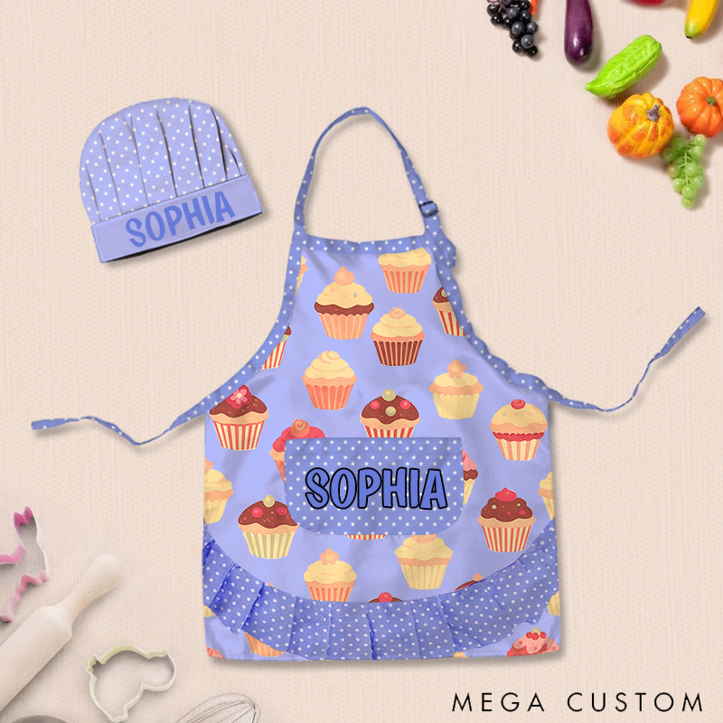 Personalized Cupcake Polka Dot Patchwork Adjustable Kid Apron Chef Hat Set with Pocket and Name for Cooking Baking Birthday Holiday Gift for Kids