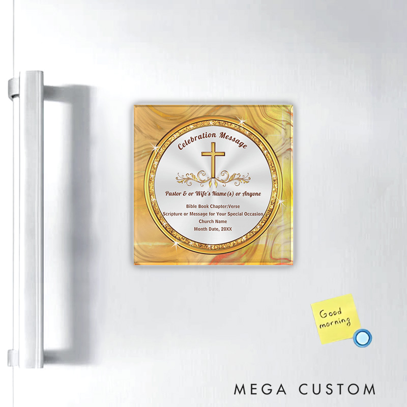 Personalized Gold Cross Magnetic Fridge Magnet with Name of Pastor Church and Date Church Souvenirs Religious Gift for Anniversary or Any Occasions