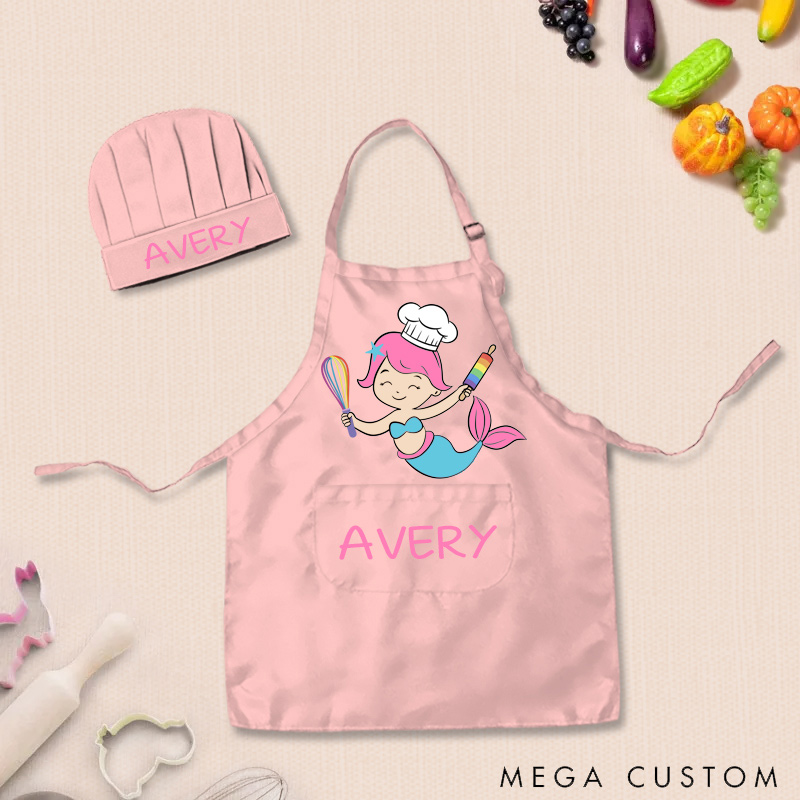 Personalized Mermaid Adjustable Kid Apron Chef Hat Set with Pocket and Name for Cooking Baking Birthday Holiday Gift for Kids