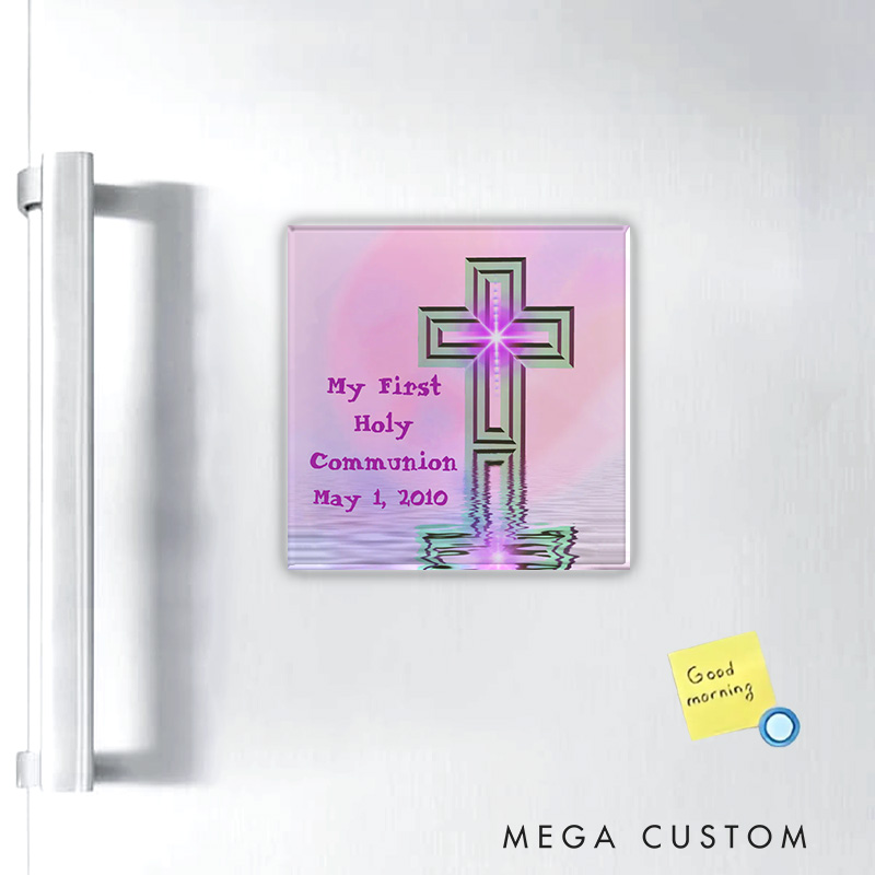 Personalized Cross My First Holy Communion Pink and Purple Magnetic Fridge Magnet with Date Religious Gift First Communion Gift