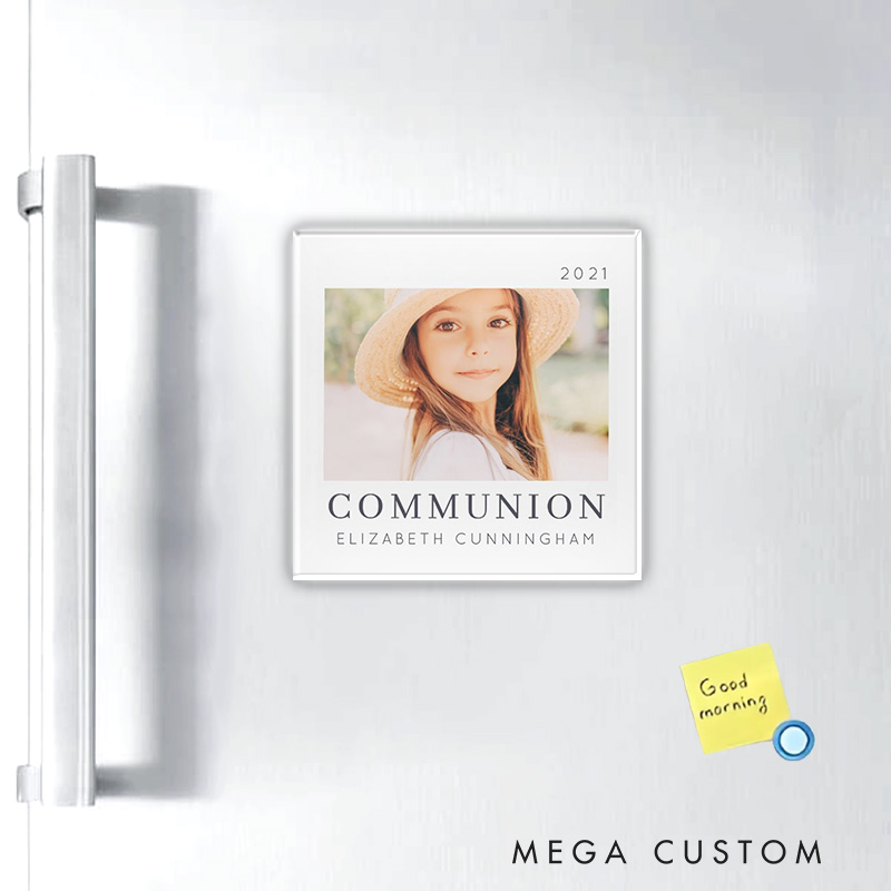 Personalized Simple Modern Chic First Communion Photo Magnetic Fridge Magnet with Name and Date Religious Gift First Holy Communion Gift