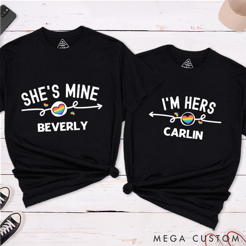 Personalized She's Mine I'm Hers Pride Lesbian Couple T-Shirts Lesbian Matching Shirt for Her Lesbian Wife Girlfriend Tees