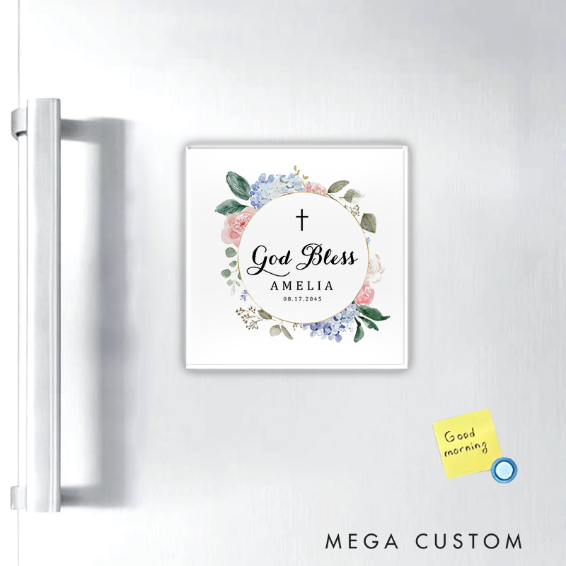 Personalized Blue Hydrangeas and Roses God Bless Fridge Magnet with Name and Date Religious Gift for Christian Women