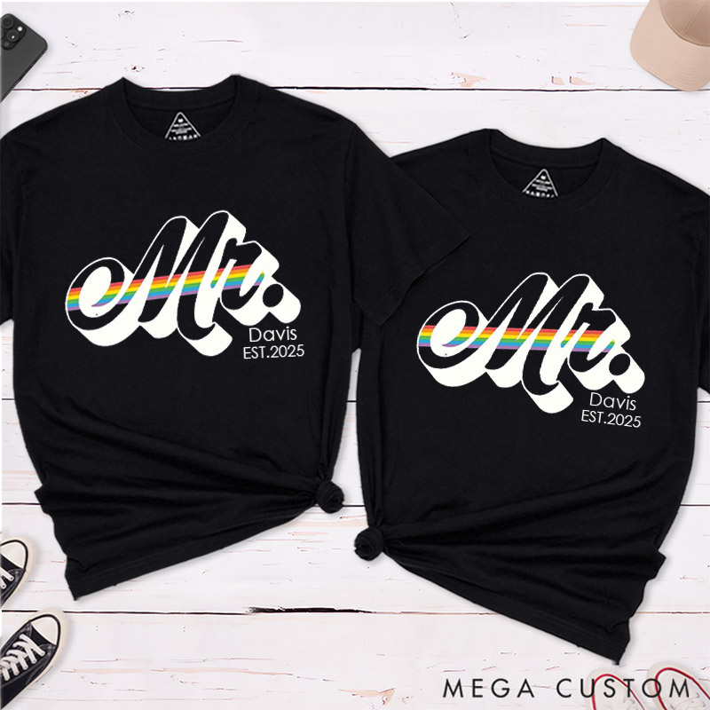 Personalized Mr and Mr Rainbow Couple T-Shirts LGBTQA+ Gay Matching Shirt for Him Pride Month LGBTQ Couple Tee for Gay