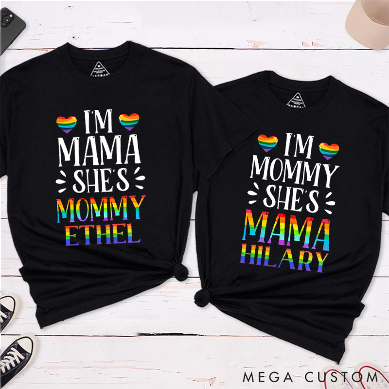 Personalized Mama and Mommy Rainbow Couple T-Shirts LGBTQ Lesbian Tee for Her LGBTQA+ Couple Matching Shirt