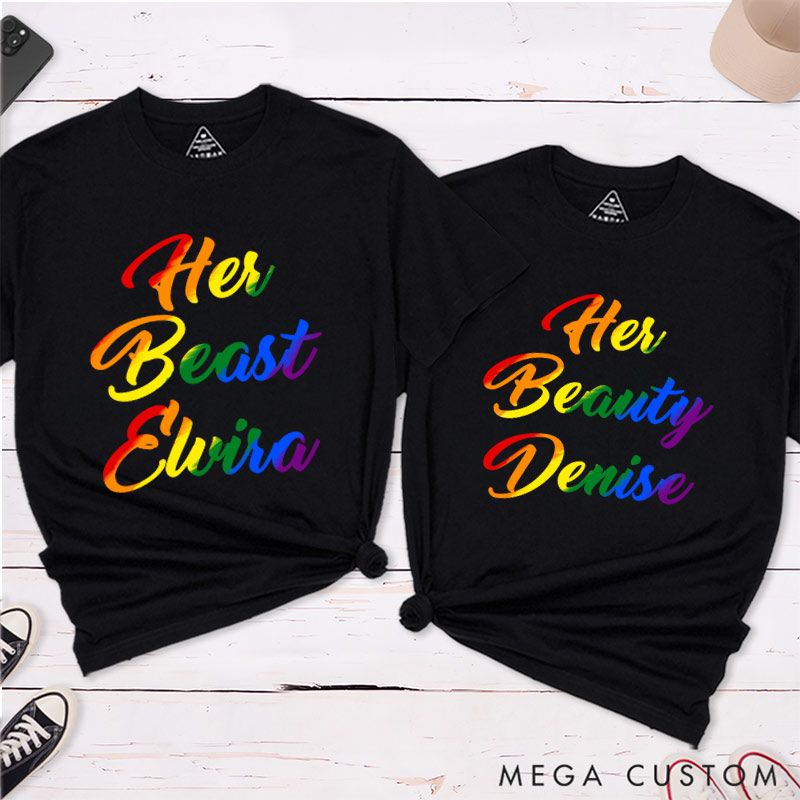 Personalized Her Beauty Her Beast Rainbow Couple T-Shirts LGBTQA+ Lesbian Matching Shirt LGBTQ Couple Matching Tee for Women