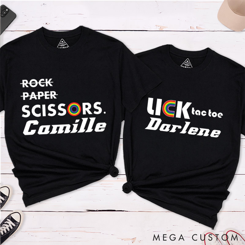 Personalized LGBTQ Lesbian Couple Matching T-Shirt Funny Rock Paper Scissors Tic Tac Toe Couple T-Shirts for Lesbian LGBTQA+ Tee