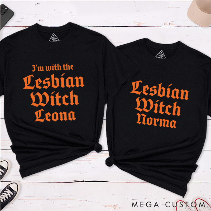 Personalized Lesbian Witch Halloween Couple T-Shirts Halloween LGBTQ Lesbian Matching Shirt for Her Lesbian Halloween Couple Tee