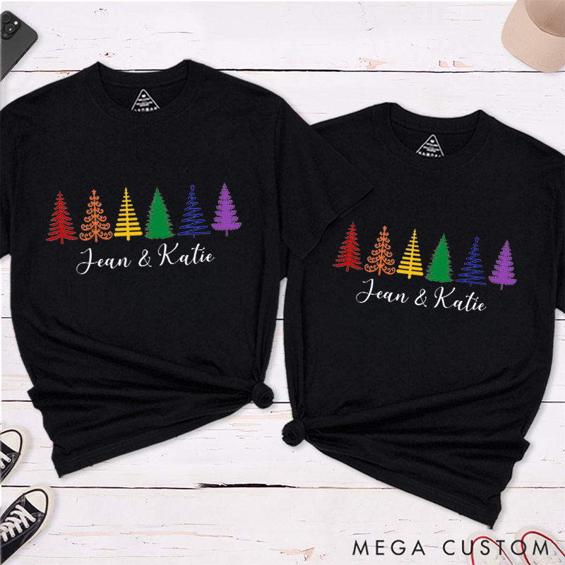 Personalized Rainbow Christmas Trees Couple T-Shirts LGBTQA+ Couple Matching Shirt Christmas Lesbian Gay Couple Shirt