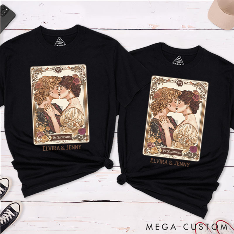 Personalized Romantic Art Lesbian Couple T-Shirts LGBTQA+ Lesbian Couple Matching Shirt for Her Vintage Romance Tee for Lesbian 