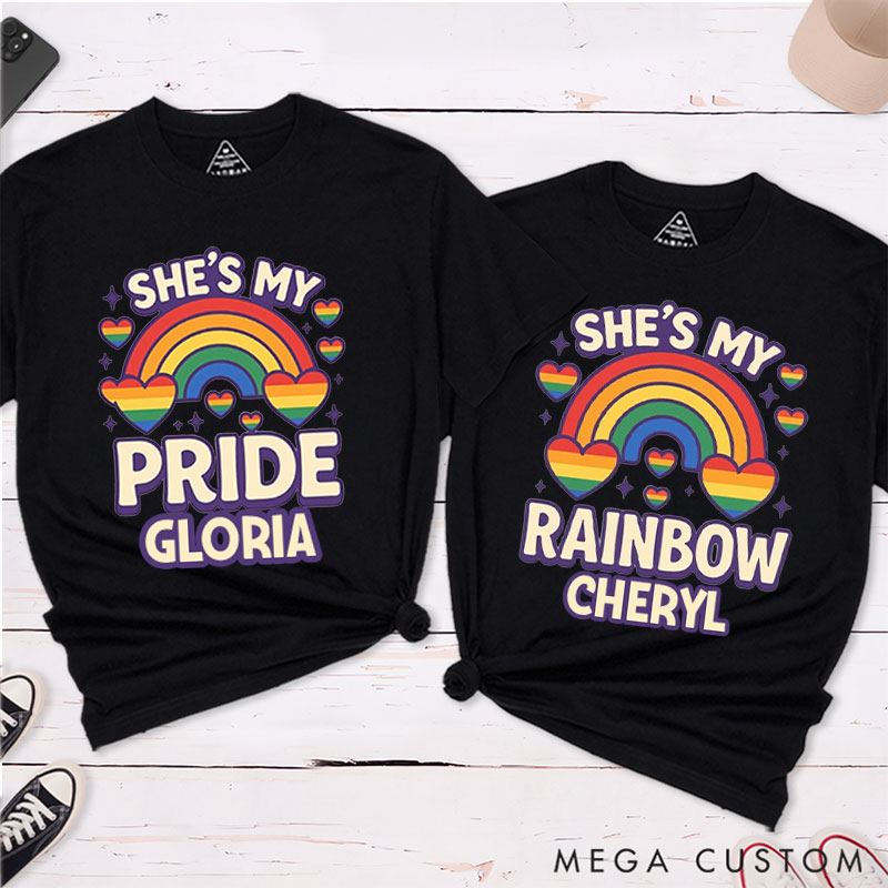 Personalized She's My Pride Rainbow Couple T-Shirts LGBTQ Rainbow Lesbian Matching Rainbow Couple Tee for Lesbian 